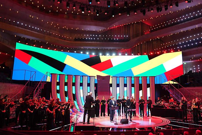 A photo taken during the Euro 2024 draw ceremony in Hamburg in December 2023